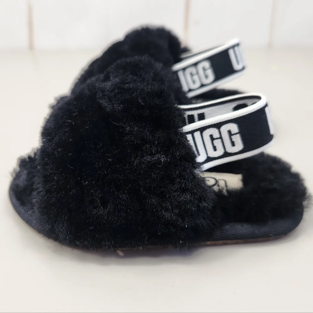UGG Toddler Oh Yeah Fluffy Shearling Sheepskin Slingback Slipper Black 6